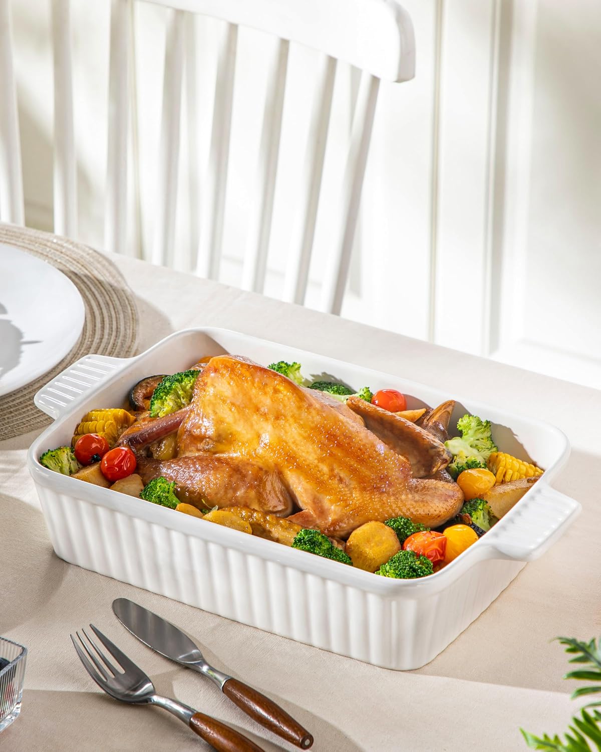 MALACASA 4.4QT Ceramic Casserole Dishes for Oven, 9x13 Baking Dishes, White | Rectangular Lasagna Pan with Handles, Ceramic Baking Dish, Deep Roasting Pan, Microwave and Dishwasher Safe, Wedding Gift