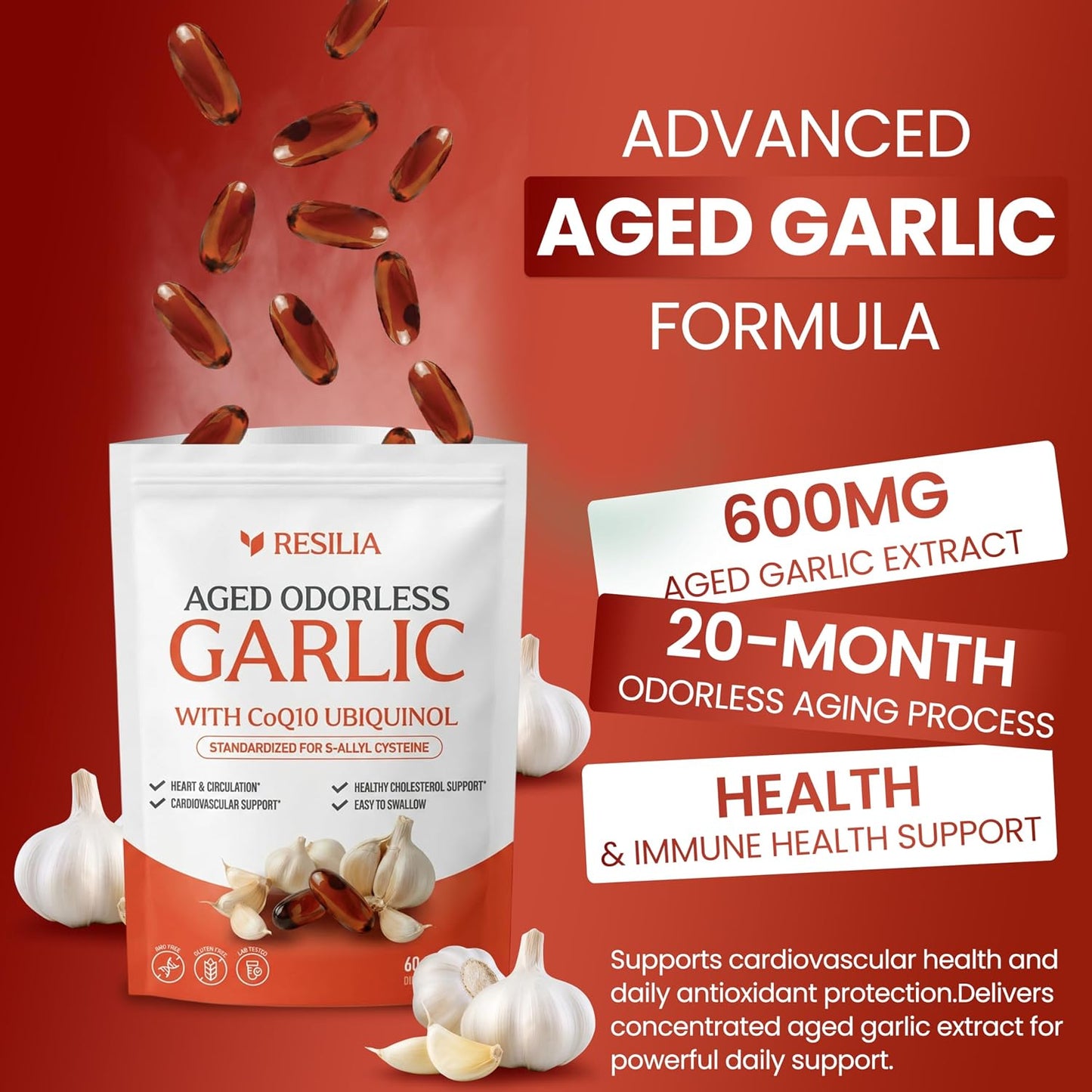 Resilia Garlic Extract 600mg Softgels (60 Count) – Odorless Aged Garlic Extract Supplement with CoQ10 Ubiquinol – 20-Month Matured, Standardized for S-Allyl Cysteine - Heart Health & Immune Support