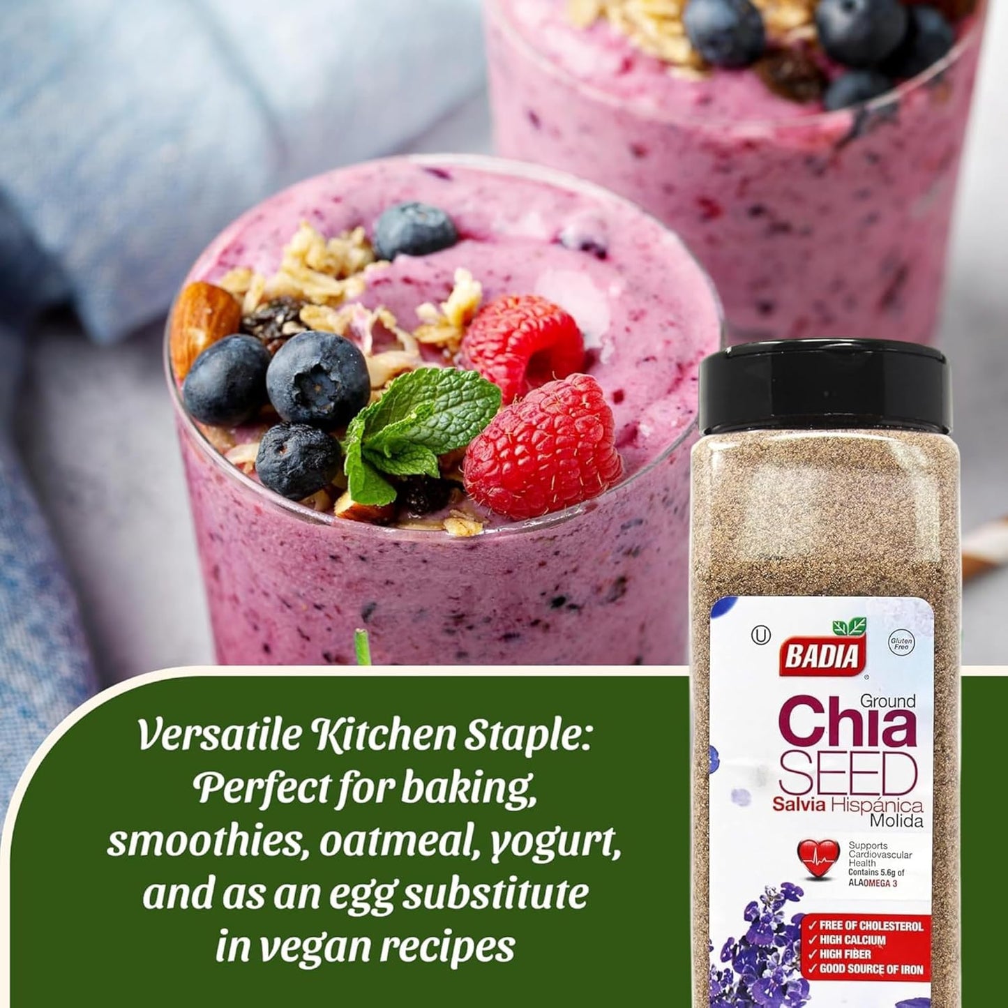 Badia Ground Chia Seeds, 16 oz – Superfood for Smoothies, Baking & Cooking – Source of Fiber, Omega-3 & Protein