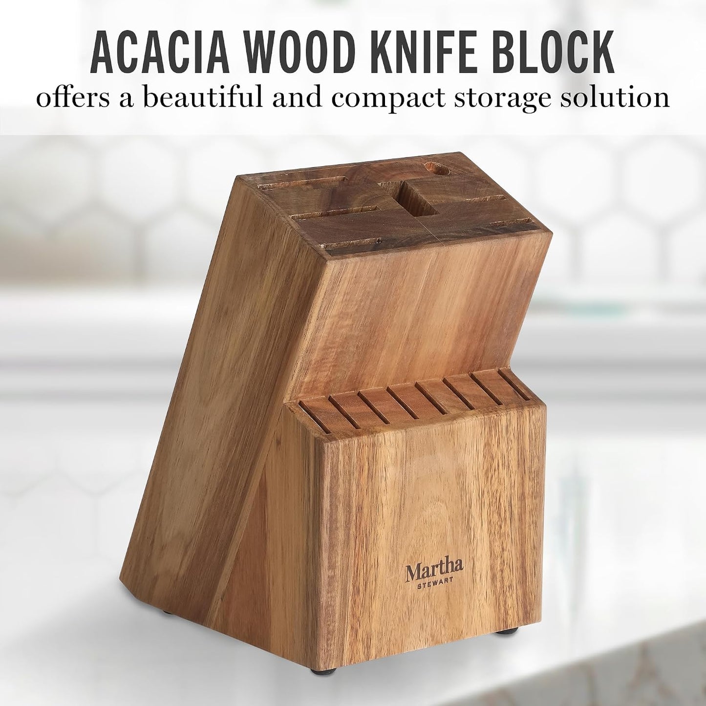 Martha Stewart Knife Block Set 16-Piece - Lockton High Carbon Stainless Steel Forged Full Tang Chef Knives, Acacia Wood Block, Triple Riveted Handles, Linen White & Gold