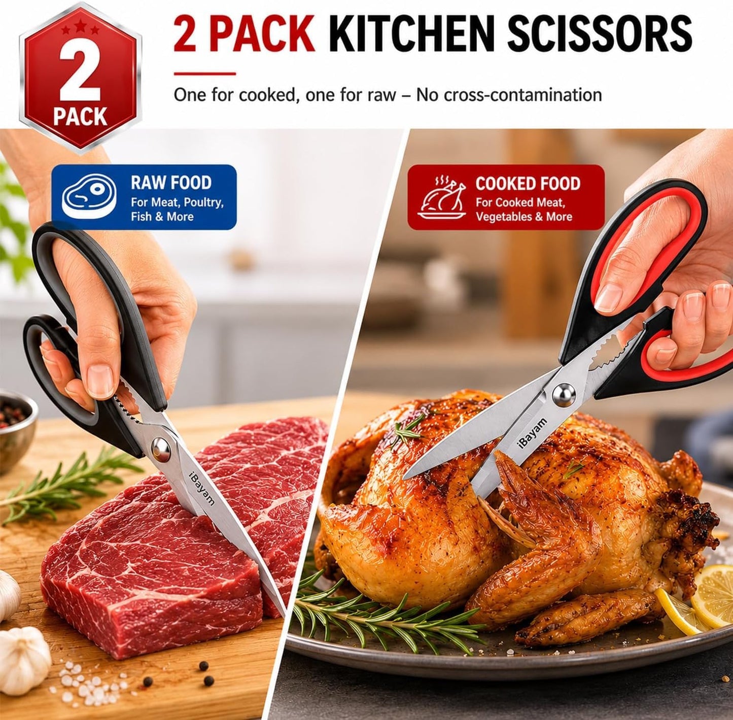 iBayam Kitchen Scissors Shears All Purpose Heavy Duty, Protective Sheath | 2-Pack, Ultra-Sharp Stainless Blades, Soft Comfort-Grip, Dishwasher Safe, Cutting Food Cooking Meat Poultry Kitchen Utensils
