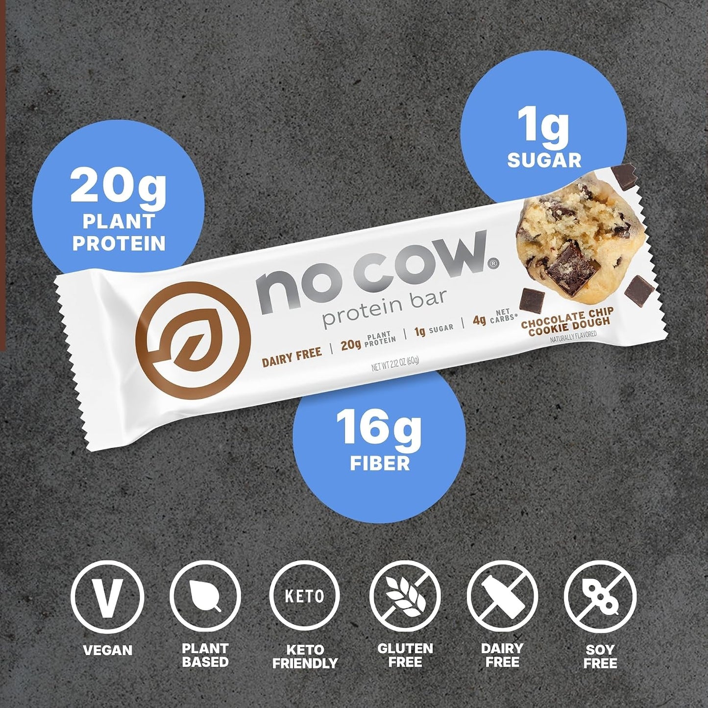 No Cow Vegan Protein Bars, Upgraded Chocolate Chip Cookie Dough, 20g Plant Based Protein, Gluten Free, Dairy Free, Soy Free, Keto Friendly, Low Sugar, High Fiber Snack Bars, Pack of 12