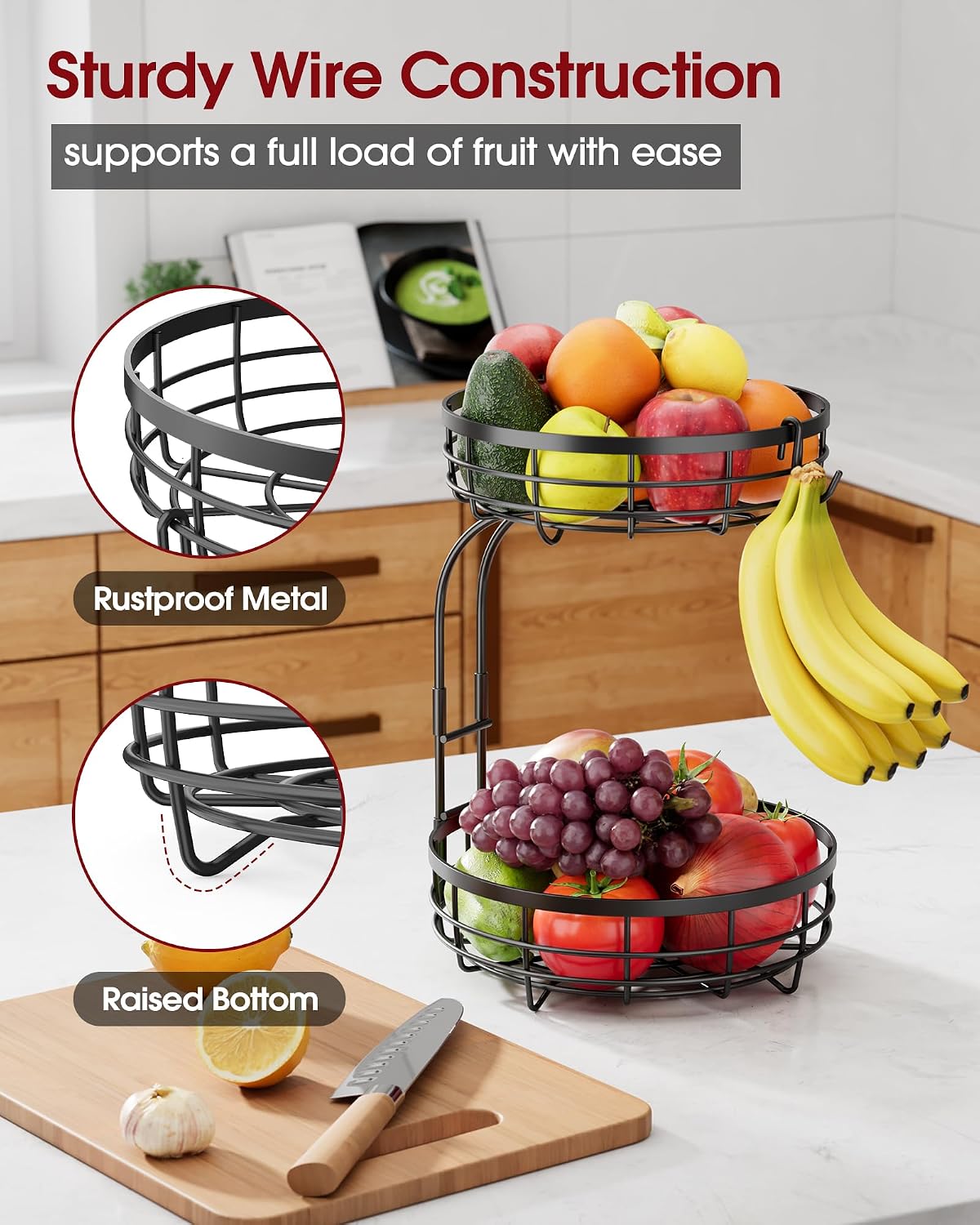 Sakugi Fruit Basket for Kitchen Counter - 2-Tier Large Capacity Fruit Bowl with Detachable Banana Hanger, Rust-Proof Metal Fruit Holder for Vegetables, Bread, Toiletry,10" D x 10" W x 14" H, Black