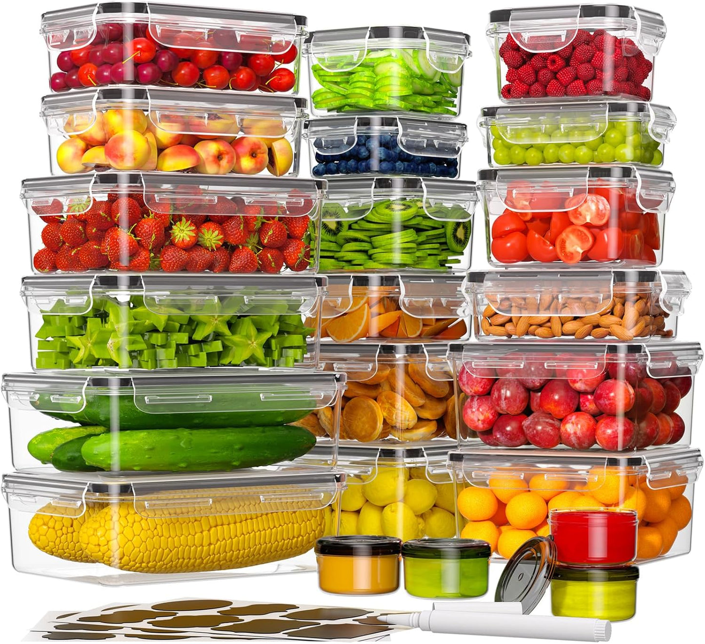KEMETHY 36-Piece Food Storage Containers with Lids(18 Container & 18 Lid), Plastic Food Containers for Pantry & Kitchen Storage and Organization, BPA-Free, Leak Proof, Reusable with Labels & Pen