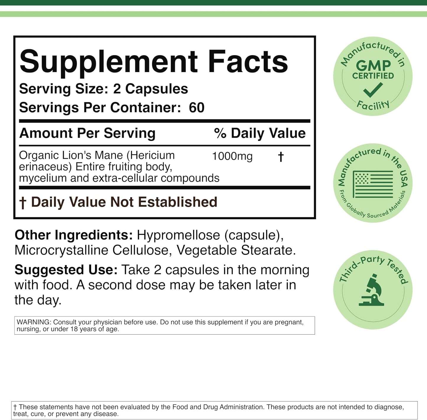 Organic Lions Mane Mushroom Capsules (120 Count), for Focus Support and Immune Health, Third Party Tested and Grown in The USA - by Double Wood
