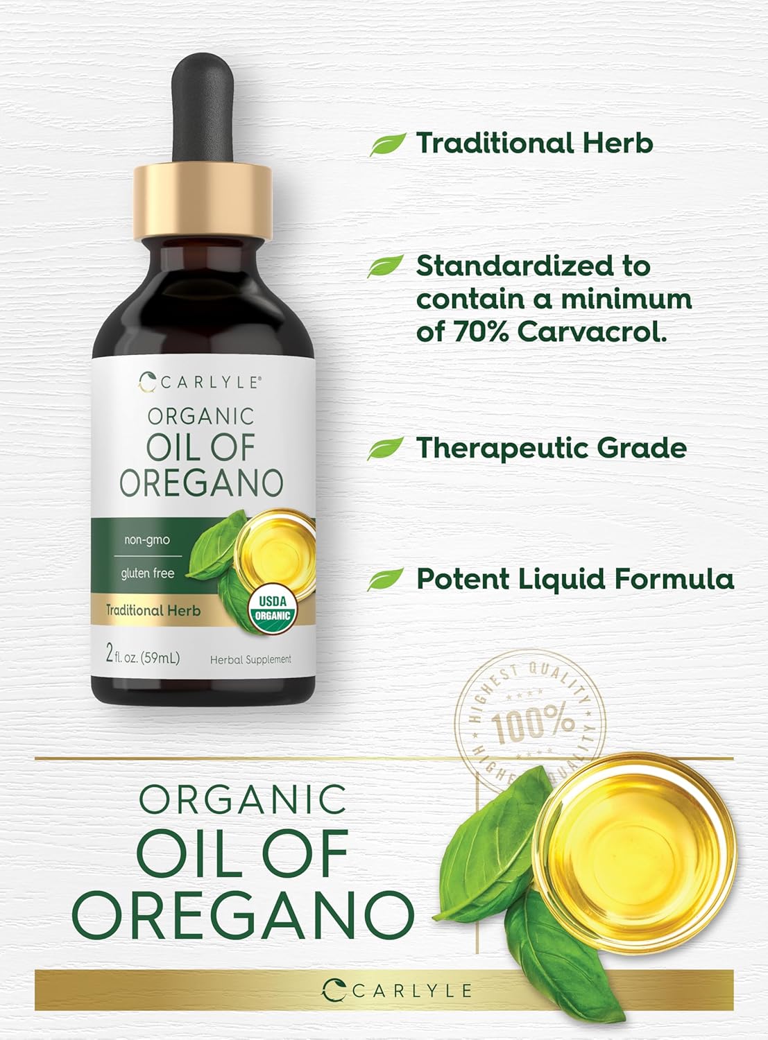 Carlyle Organic Oil of Oregano Liquid Drops - 2 fl oz - 1 Year Supply | Vegan Herbal Supplement | Non-GMO, Gluten Free