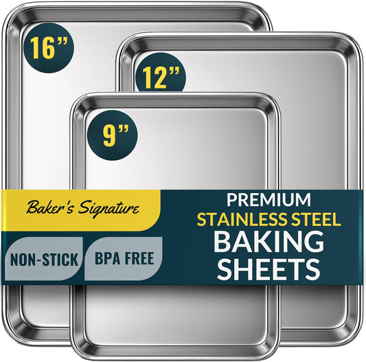 Baker's Signature Stainless Steel Cookie Sheet Pan | Baking Set of 3, Mirror Finish, Non-Stick, Rust Resistant, BPA Free, Dishwasher Safe, 9/12/16"