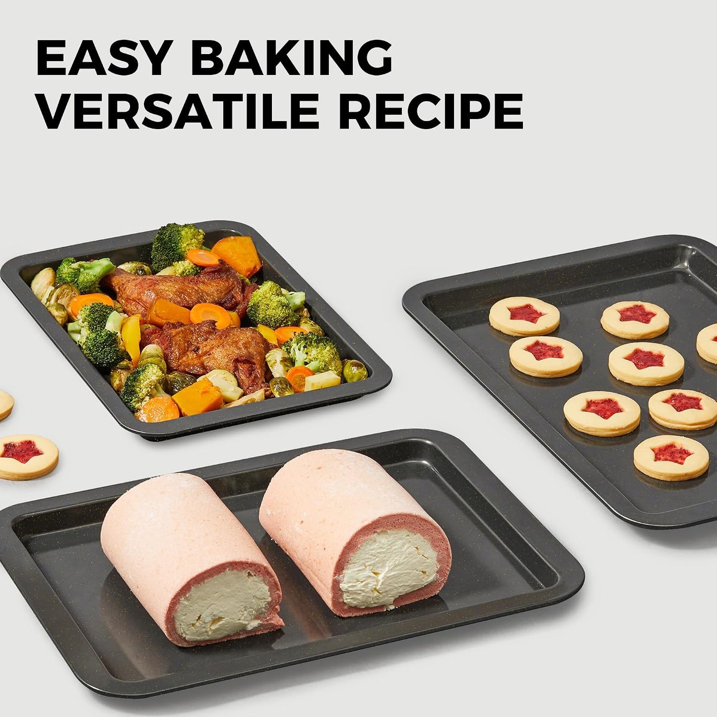 HONGBAKE Ceramic Baking Sheet Pan Set of 3, Easy to Grab, Non-Toxic | Commercial Cookie Sheets for Oven, Nonstick Half/Jelly Roll/Quarter Baking Tray,Wider Gribs, Premium,Easy to Clean- Dark Grey