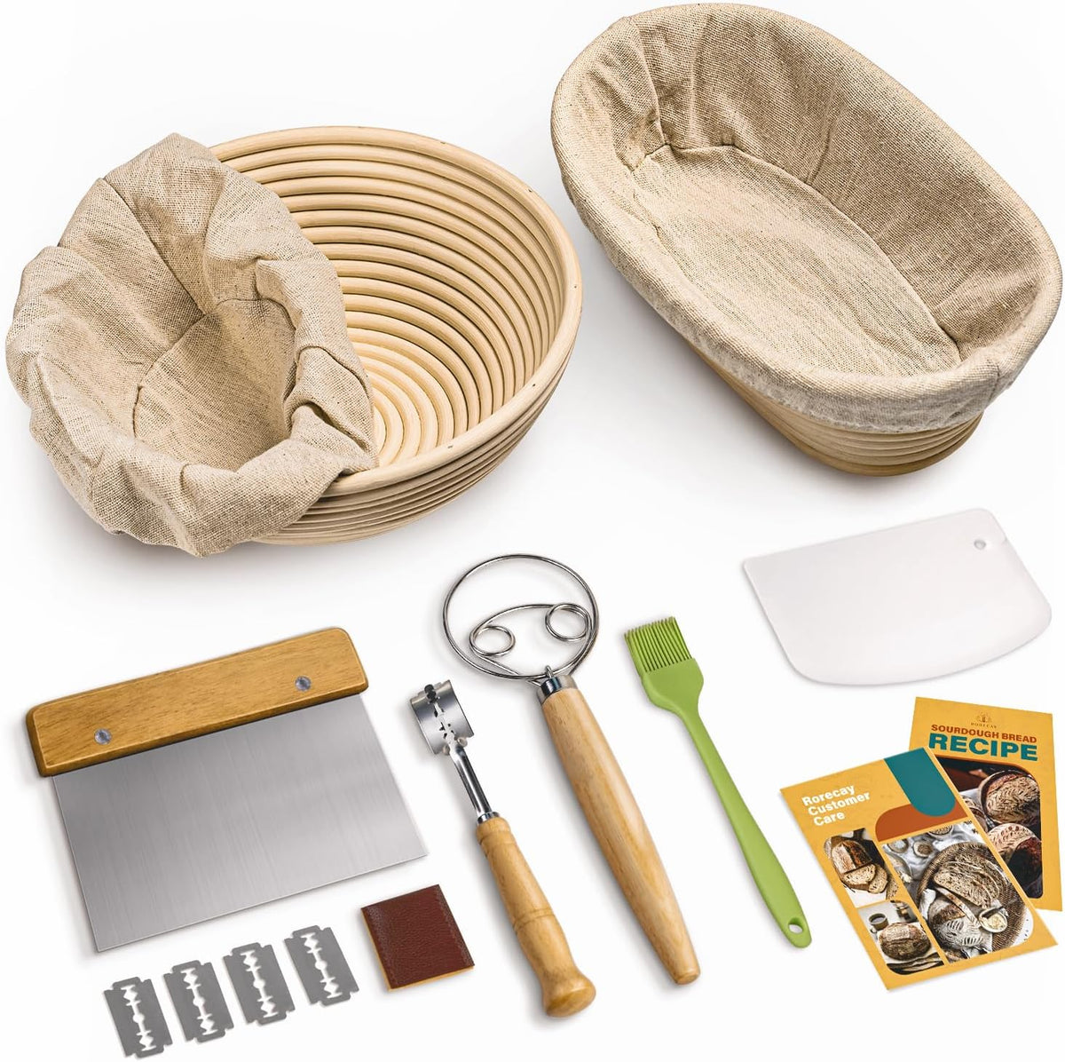 Rorecay Sourdough Starter Kit with Banneton Bread Proofing Baskets | Complete Sourdough Bread Baking Supplies, Beginner Friendly, 9 in Round & 10 in Oval Rattan Banneton, Sturdy Sour Dough Tools