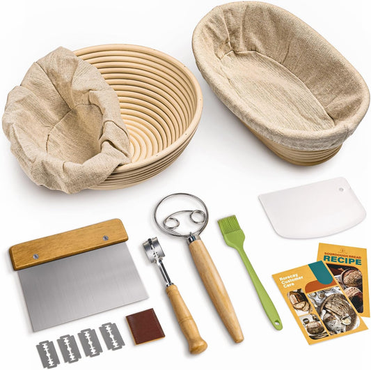 Rorecay Sourdough Starter Kit with Banneton Bread Proofing Baskets | Complete Sourdough Bread Baking Supplies, Beginner Friendly, 9 in Round & 10 in Oval Rattan Banneton, Sturdy Sour Dough Tools