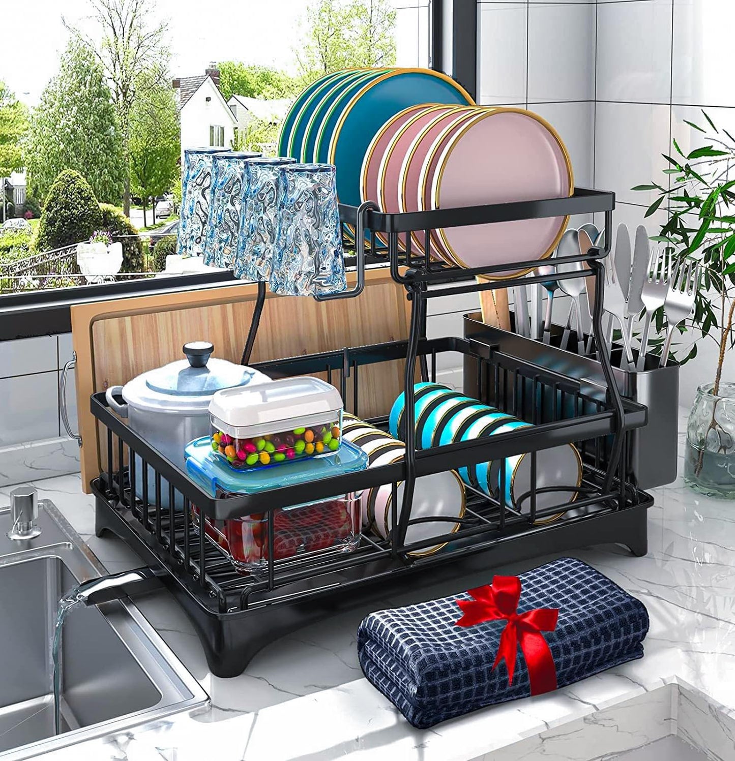 Godboat 2-Tier Dish Drying Rack - Dish Rack with Auto Drain-to-Sink & Mat | Dish Racks for Kitchen Counter, Dish Drainer with Knife Fork & Cup Rack, Gifts for Women, Mothers Day, Kitchen Gadgets, Black