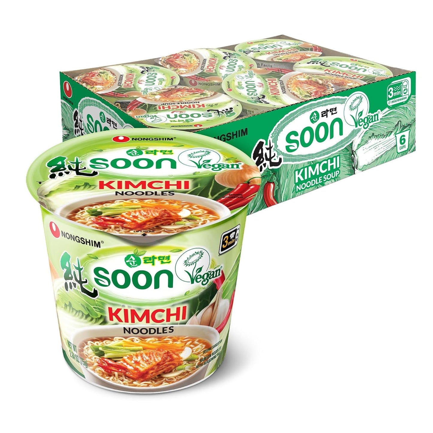Nongshim Soon Veggie Cup Noodle Soup, 2.6 Oz, Pack of 6 - Bold Flavor, Plant-Based