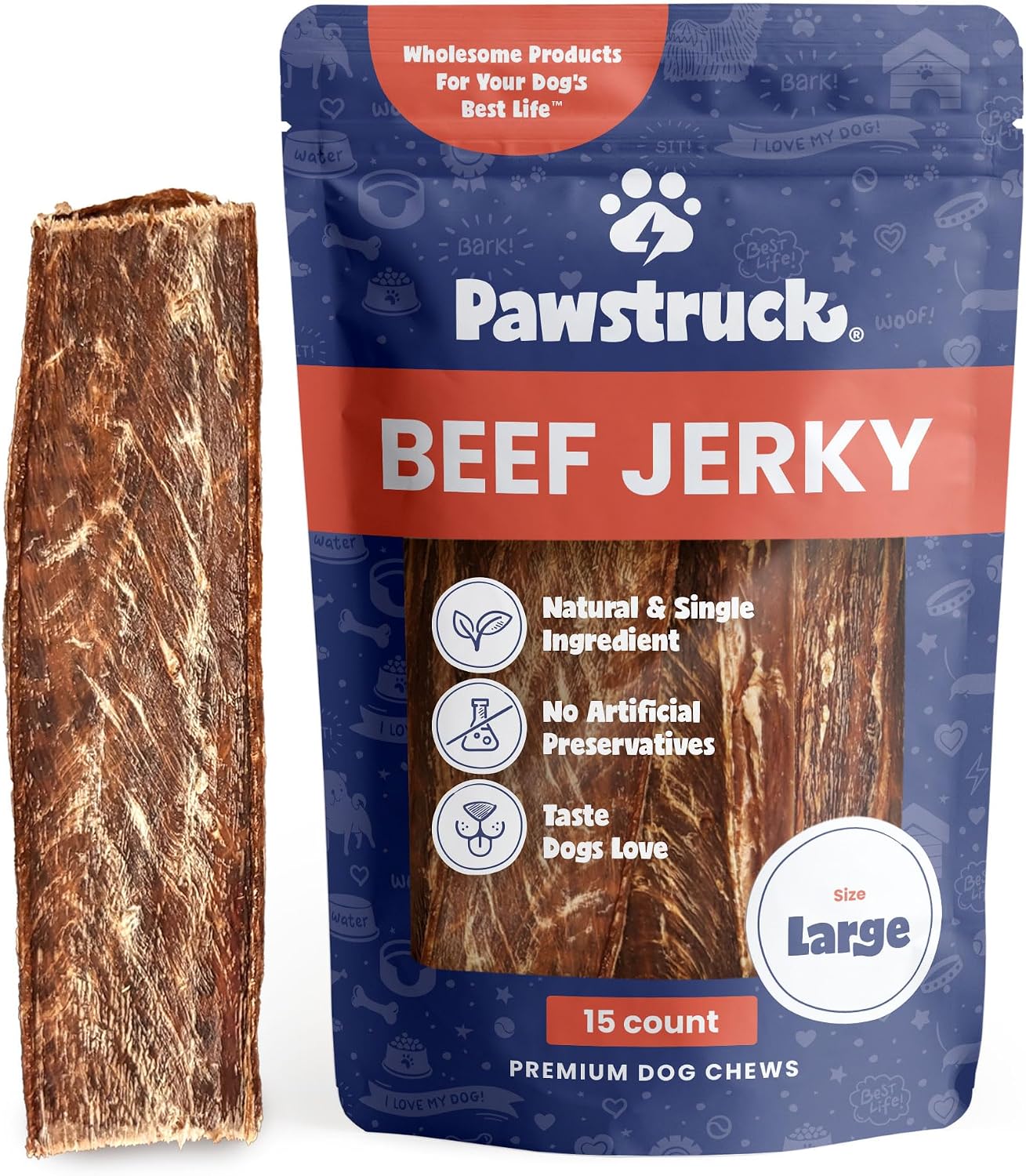 Pawstruck Premium Beef Jerky Dog Chews, 4"-6" Strips, 15 Count