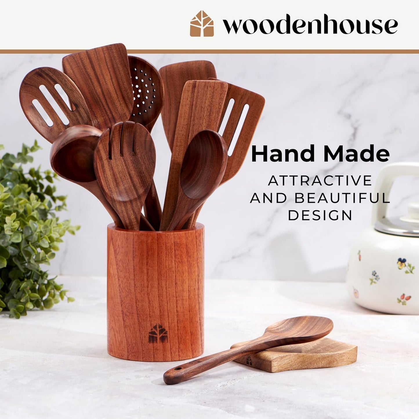 Wooden Spoons for Cooking, 12 Pcs Teak Utensil Set with Holder & Hooks | Includes Spoon Rest for Storage – Heat Resistant, Durable & Nonstick Safe Kitchen Cookware