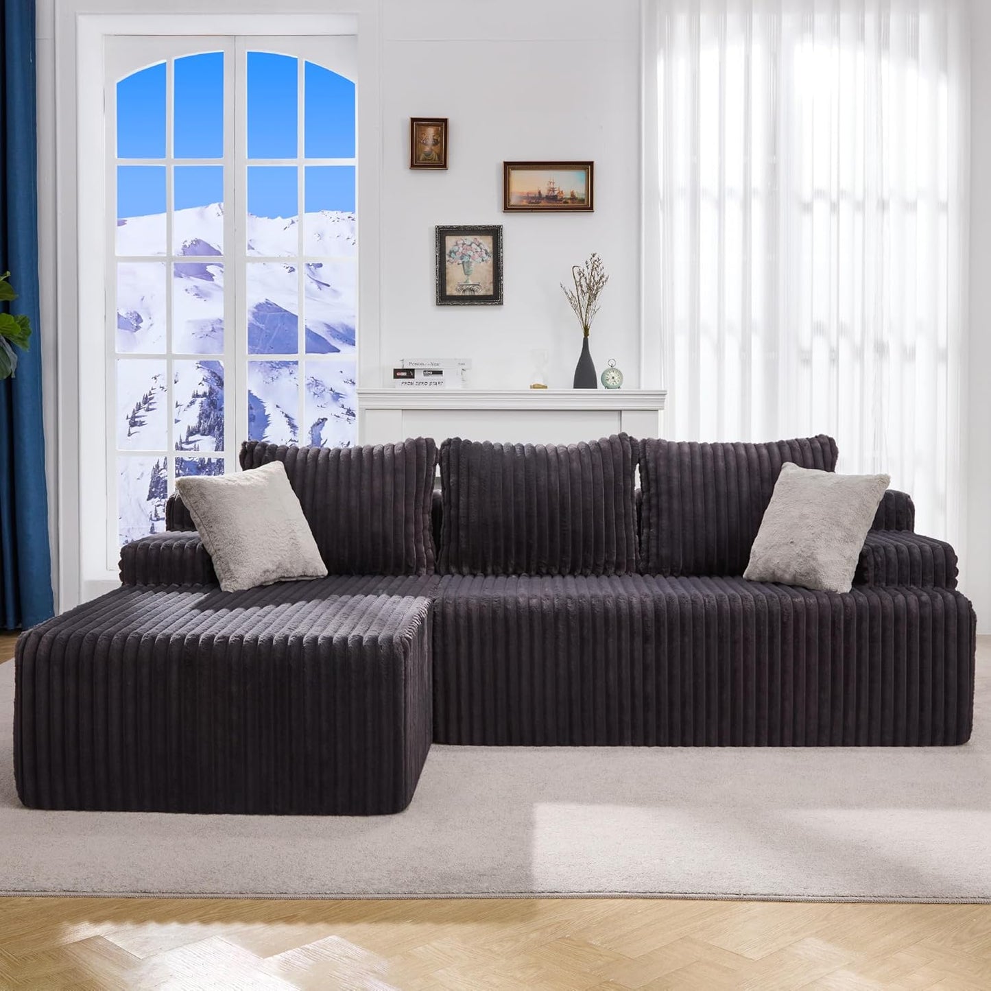 Hobestluk 96“ Modular Sectional Sofa Couches L-Shape Couch 3 Seat Modular Sofa Memory Foam Sectional Couches for Living Room, Cloud Couch with Oversized Chaise (Grey, Stripe (Left Facing Chaise))