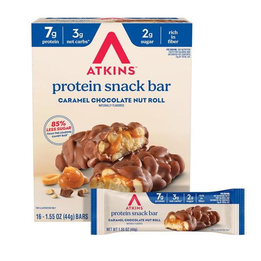 Atkins Caramel Chocolate Nut Roll Snack Bar, 16 Count, 1.55oz Bars