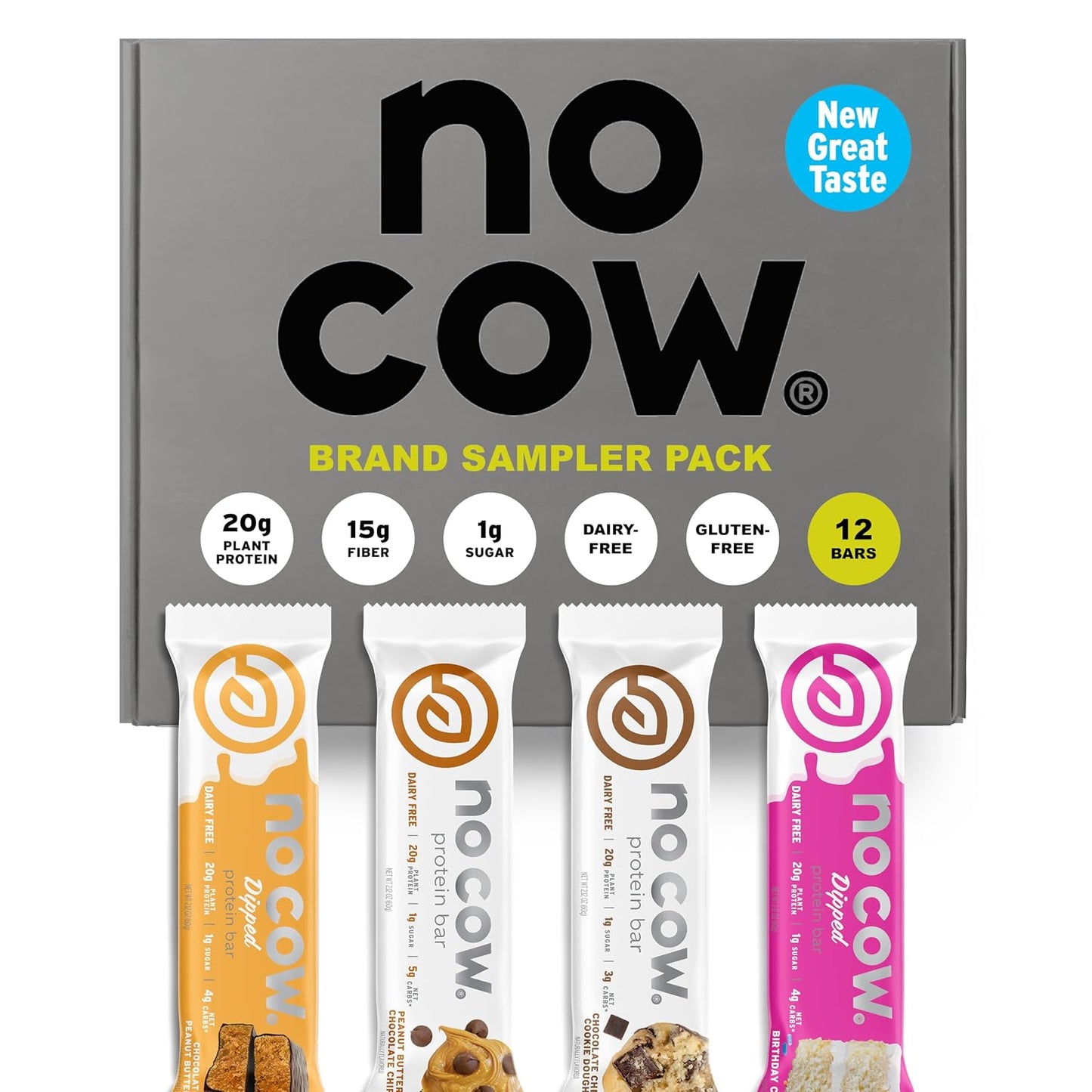No Cow Vegan Protein Bar Sampler Pack, 20g Plant Based Protein, Gluten Free, Dairy Free