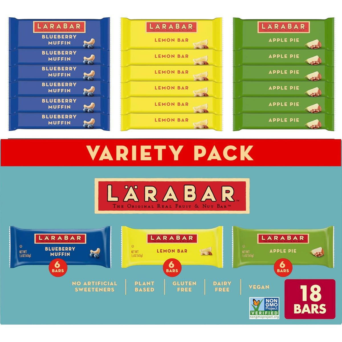 larabar fruit & nut bars 18 count variety pack, blueberry muffin lemon apple pie, vegan gluten free dairy free