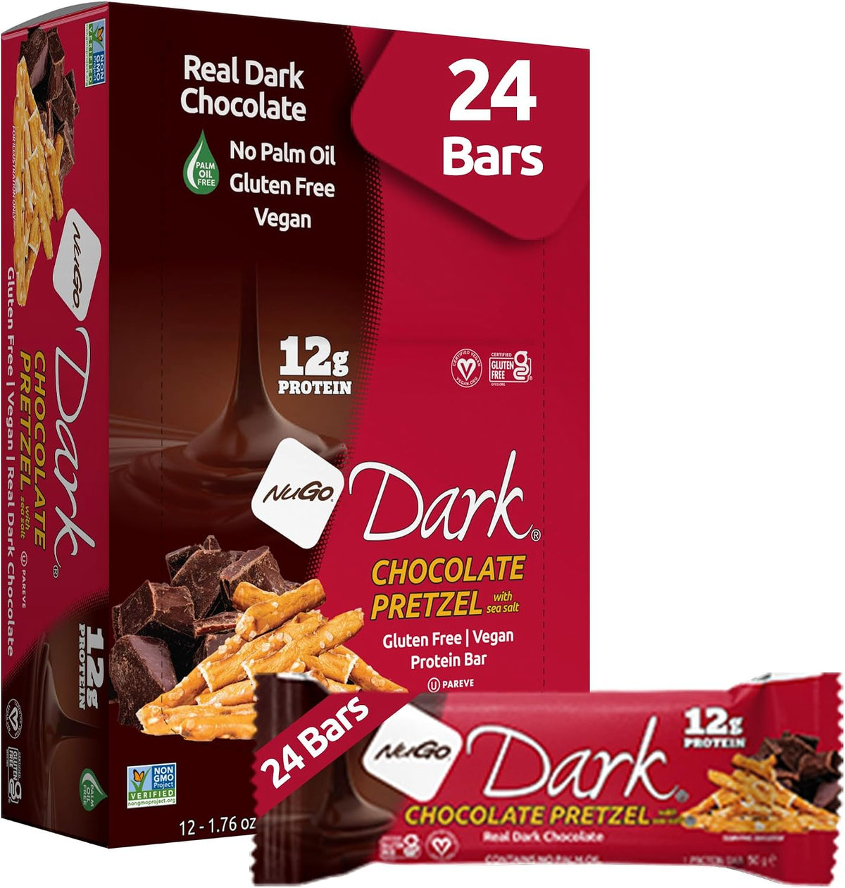 NuGo Dark Chocolate Pretzel Protein Bar, Vegan, Gluten Free, Non-GMO, Kosher Pareve, 24 Count