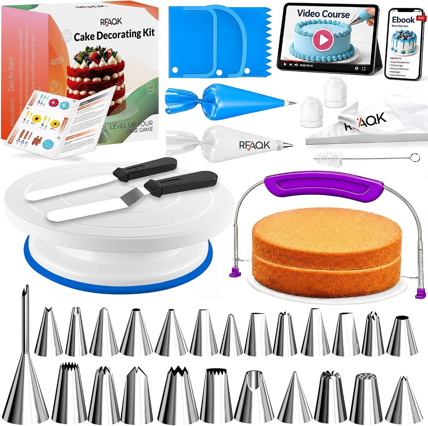RFAQK 90PCs Cake Decorating Kit for Beginners, Baking Supplies Includes Cake Turntable, Cake Leveler, 24 Icing Piping Tips, 56 Piping Bags, 2 Couplers, Spatulas, Scrapers, Video Course and Booklet