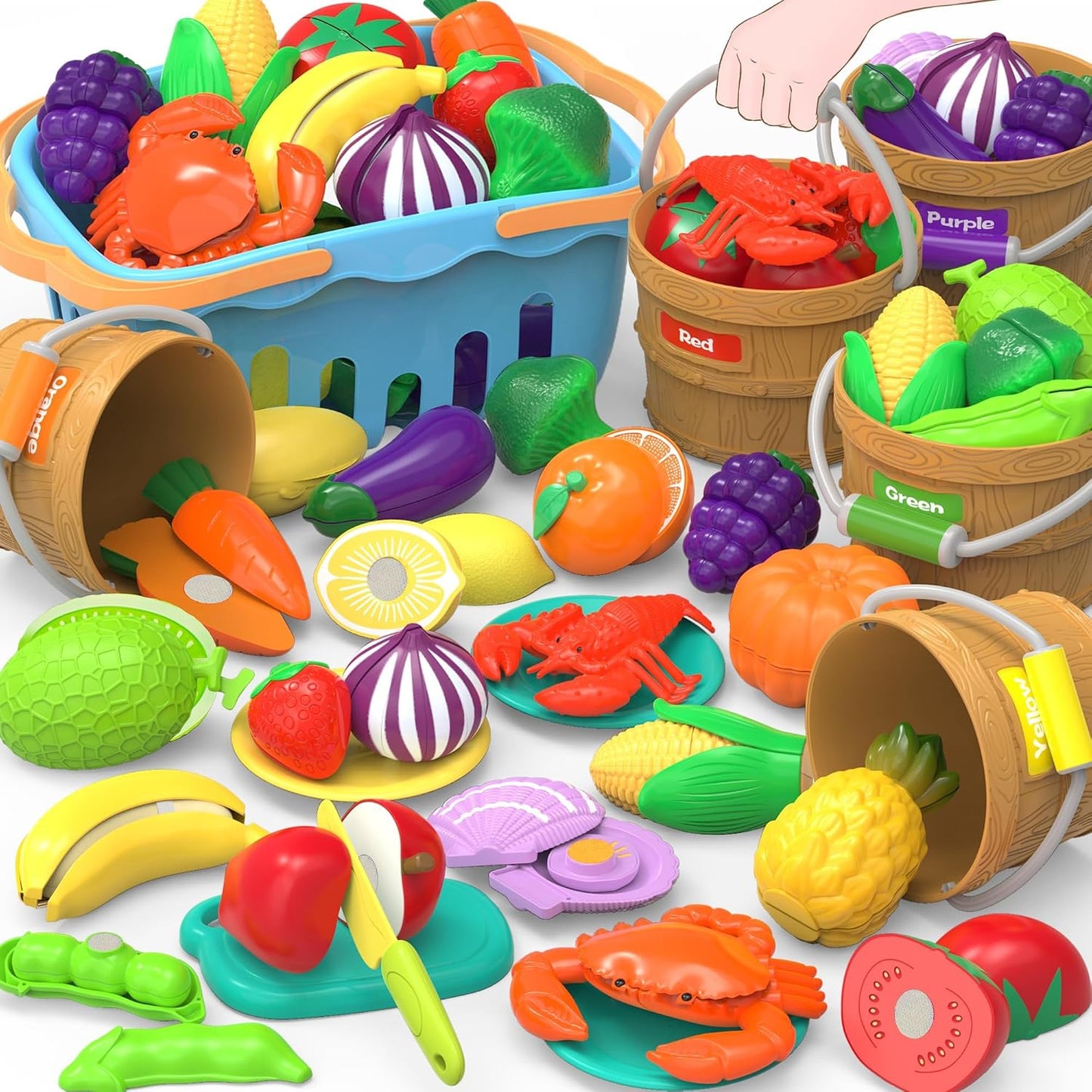 Cutting Play Food Toys for Kid, Pretend Play Kitchen Accessories, Fake Food | Fake Fruits/Vegetables Set With Shopping Storage Basket, Plastic Board And Knife, Birthday Gifts/Educational Toy For Toddler