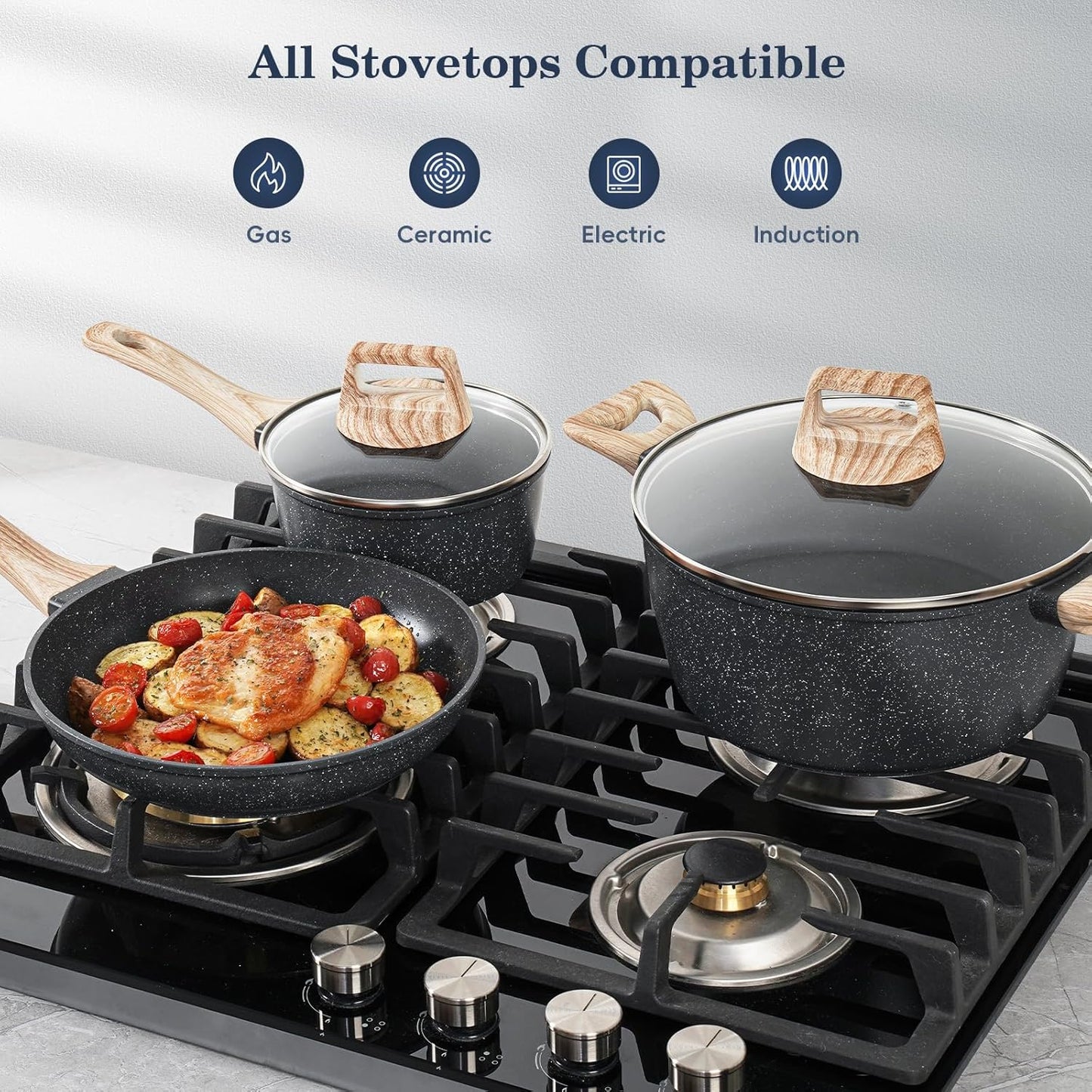 SODAY Pots and Pans Set Non Stick, 12Pcs Black Granite Induction Cookware | PFAS/PFOA/PFOS Free, Healthy Nonstick Kitchen Cookware Sets, Includes Fry Pans & Saucepans.