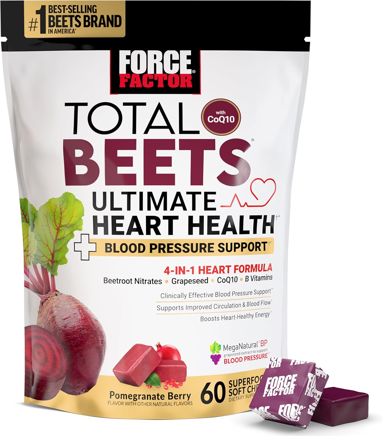 Force Factor Total Beets Heart Health Chews with Beetroot Powder, CoQ10, and B Vitamins