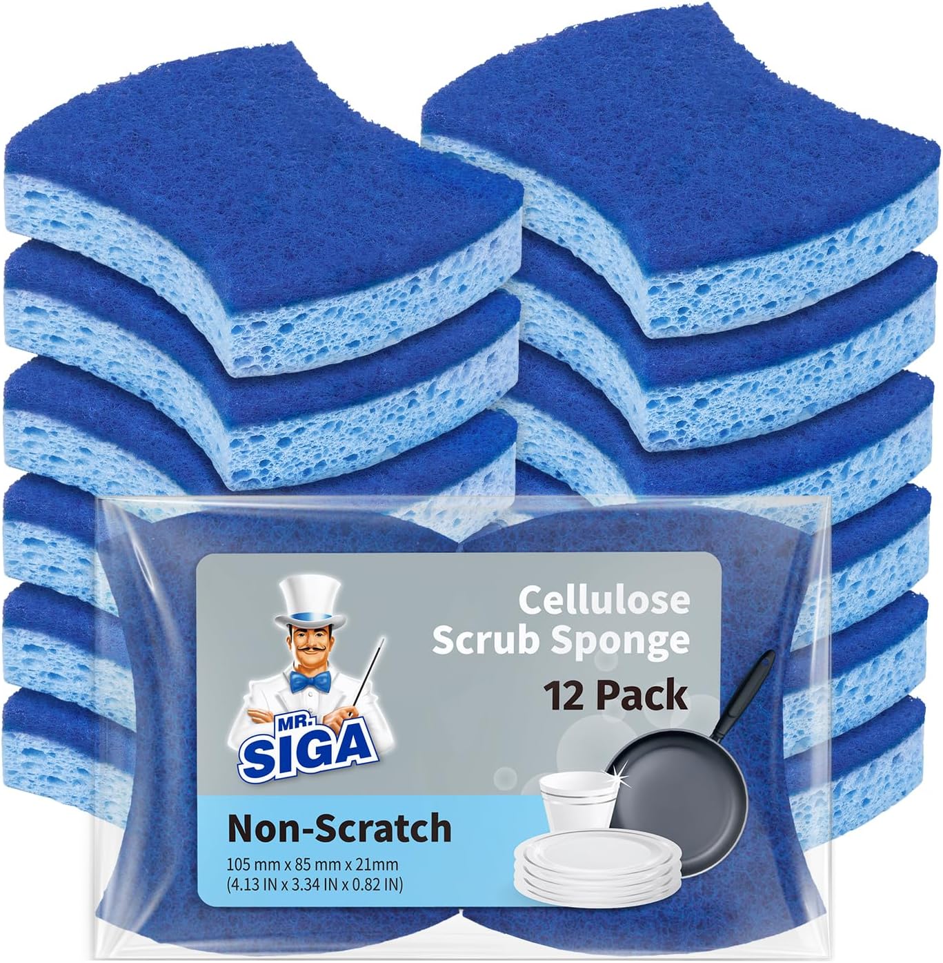 MR.SIGA Non-Scratch Cellulose Scrub Sponge, Dual-Sided Dish Sponge, 12 Pack | Dishwashing sponge for non stick cookware, scratch free dish sponges, kitchen sponges, cellulose sponges, sponges for dishes