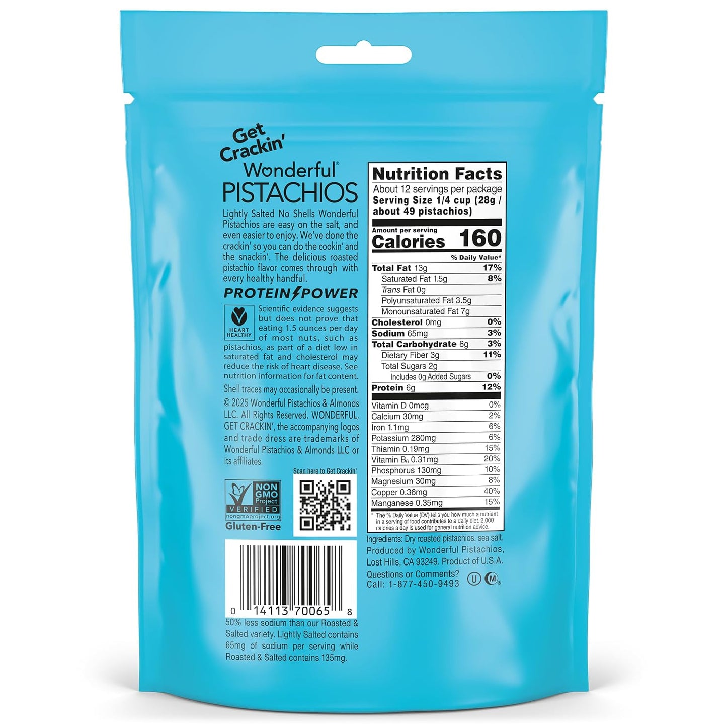 Wonderful Pistachios Lightly Salted No Shells 12 Ounce Resealable Bag Gluten Free Protein Snacks