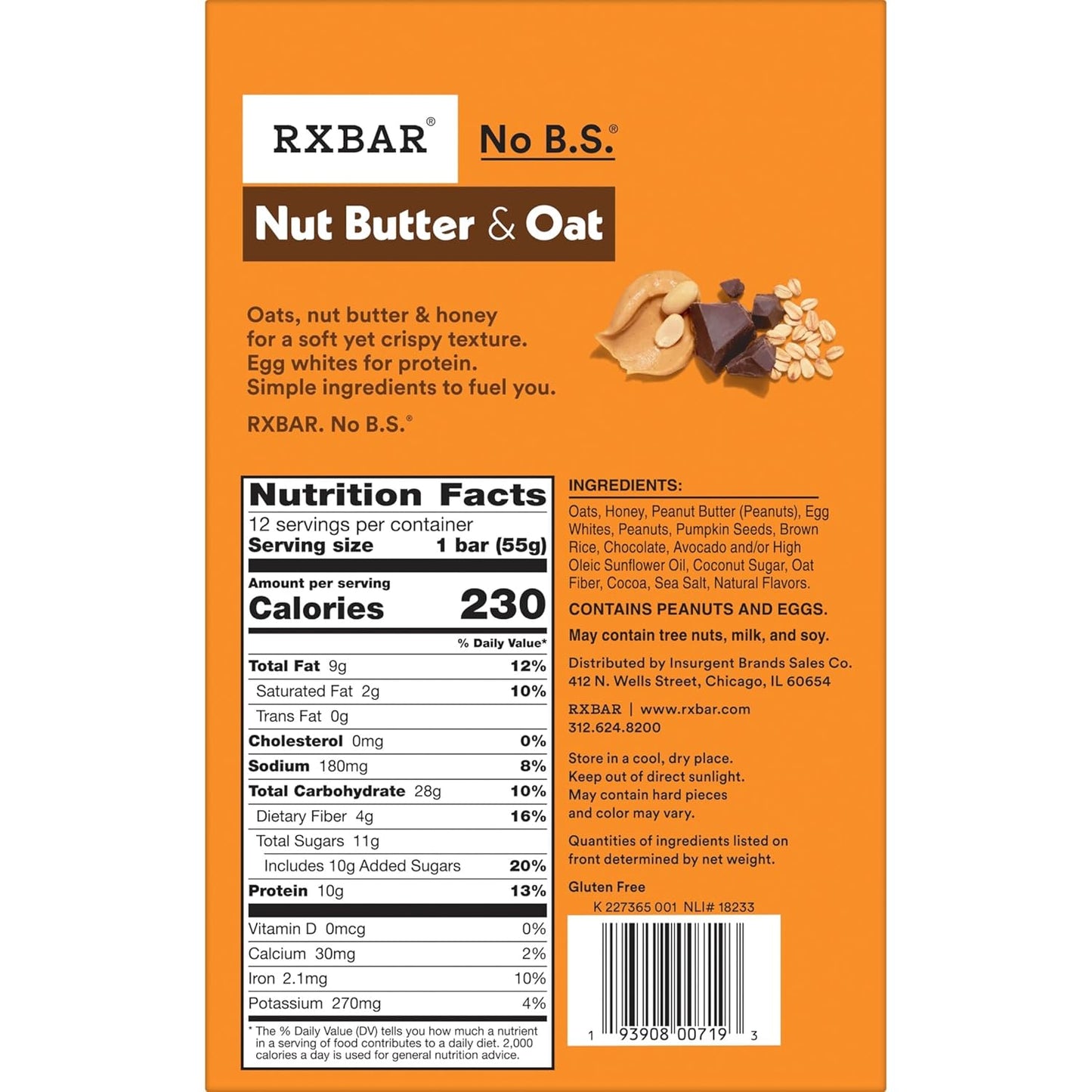RXBAR Nut Butter and Oat Protein Bars, 12 Count, Dark Chocolate Peanut Butter, 23.2oz Box