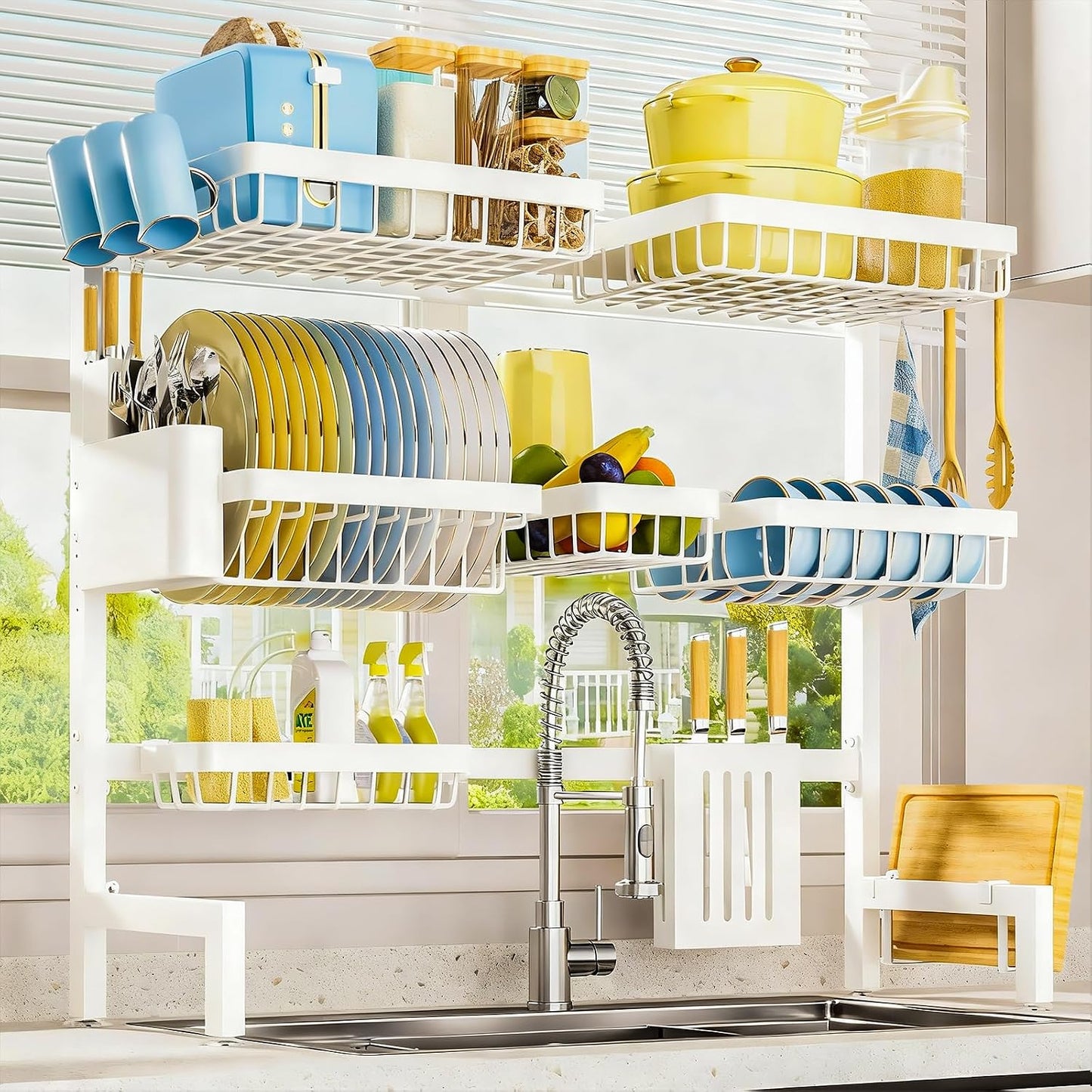 Sakugi Dish Drying Rack Over The Sink, Dish Drainer for Kitchen Counter | Stainless Steel Storage Organizer with Utensil Knife Holder & Hooks, Adjustable 11.8"Dx31.5"~39"Wx30"H, Black