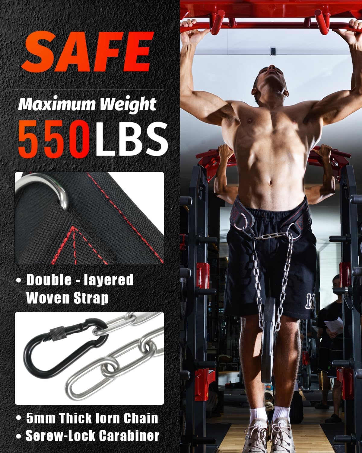 Dip Belt With 37-40" Chain, 550-650lbs Capacity, Weightlifting Belt for Dips & Pullups