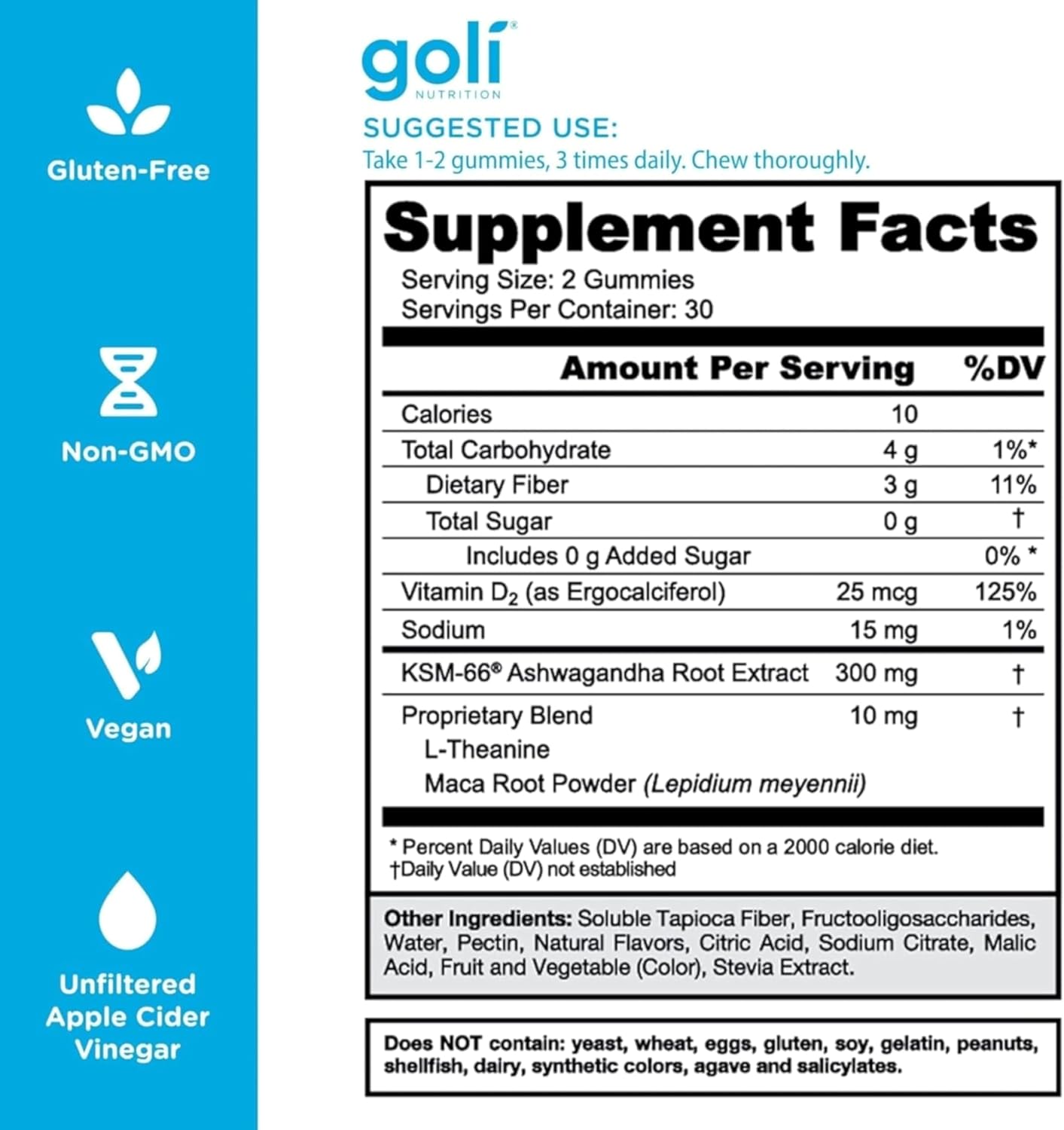 Goli Zero Sugar Ashwagandha Gummies with KSM-66, L-Theanine, Maca and Vitamin D - No Sugar Alcohols - Vegan, Keto-Friendly, Non-GMO