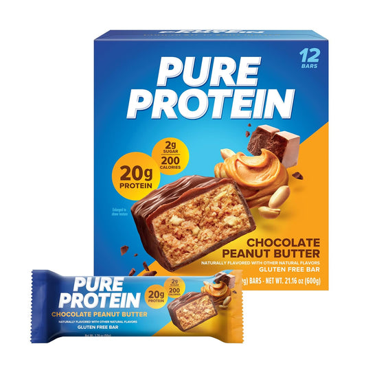 Pure Protein Chocolate Peanut Butter Protein Bars - 12 count - 20g Protein, 3g Sugar, 190 Calories - Gluten Free
