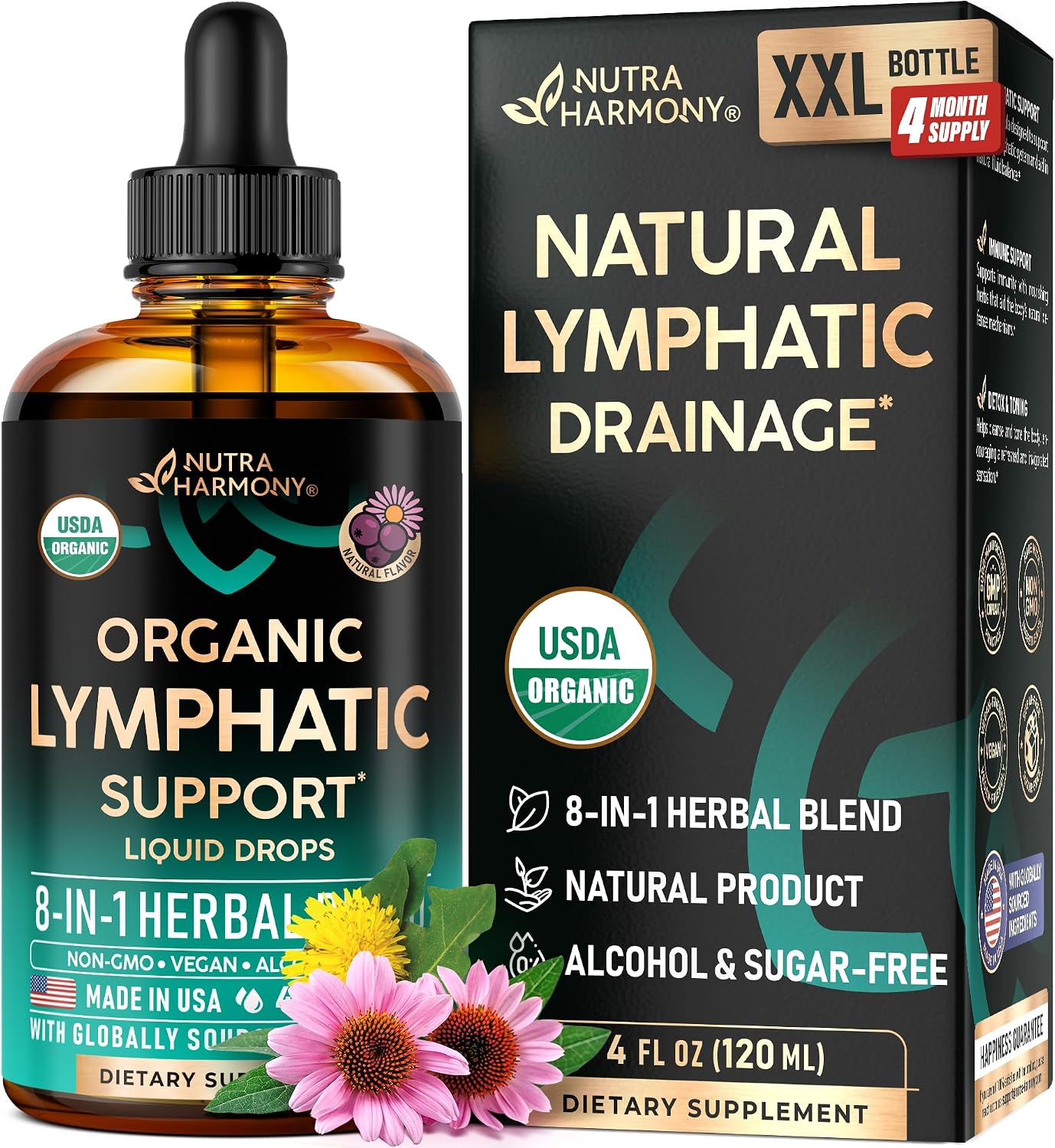 USDA Organic Lymphatic Drainage Supplement - Echinacea | Elderberry | Dandelion | Rosehip | Cleavers | Calendula | Burdock - Lab Tested - Lymph System Drops - Immune Support, Cleanse & Detox, 2 fl oz