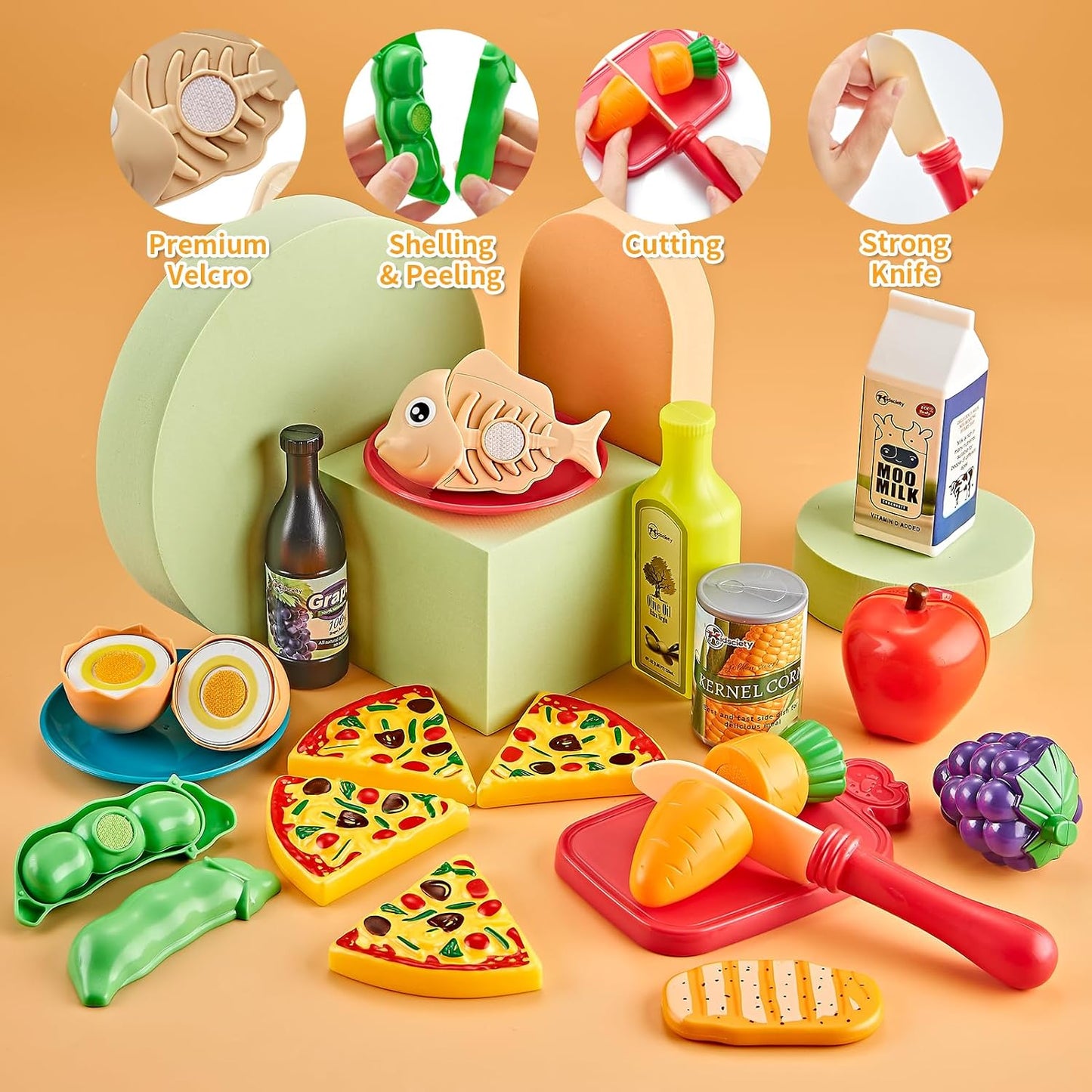Kidsciety Pretend Play Kitchen Accessories, 52pc Kids Kitchen Playset with Play Food, Stainless Steel Cookware, Kitchen Toys Pots and Pans, Kids Kitchen Set with Cuttable Toy Food, Boys Girls Gift