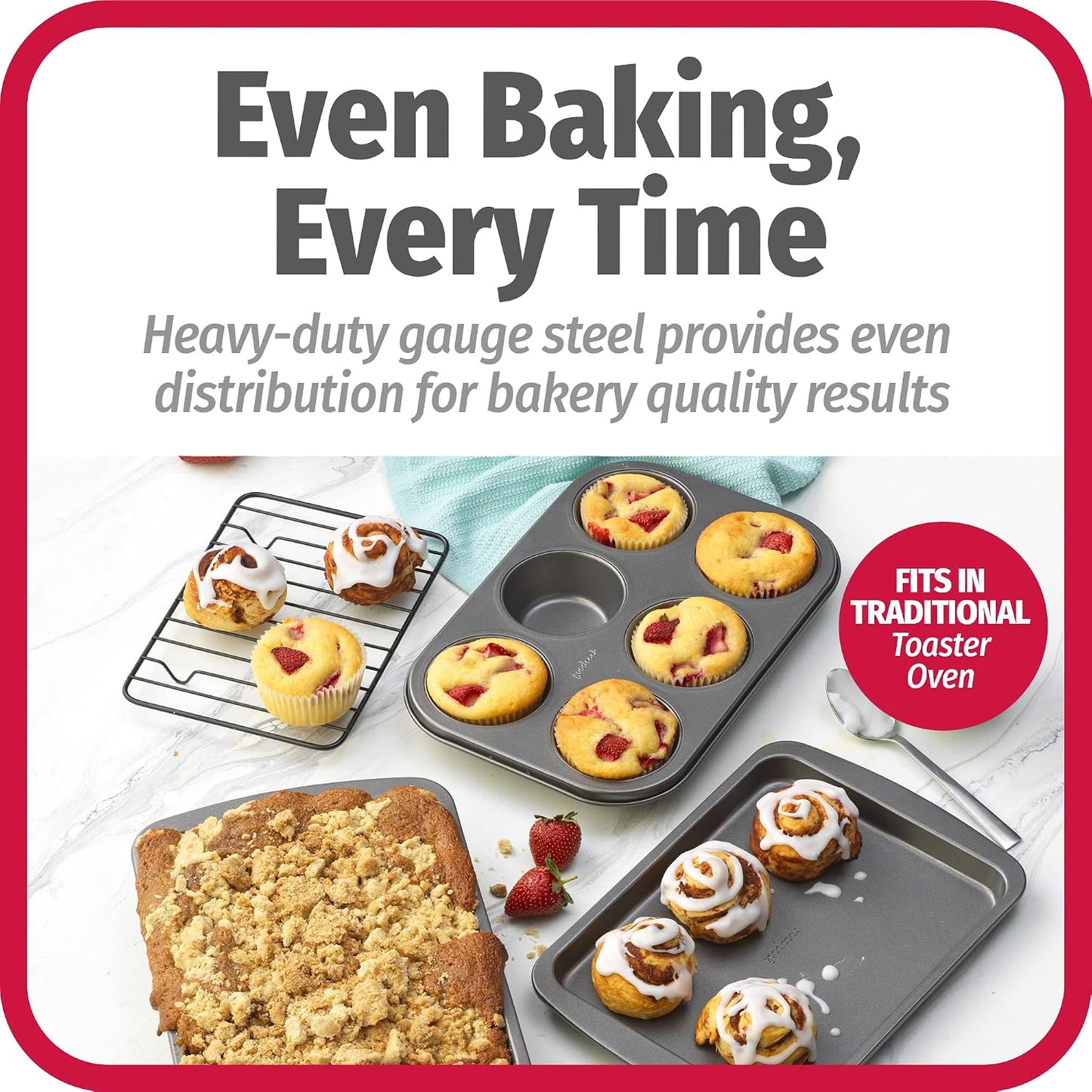 GoodCook 4-Piece Nonstick Steel Toaster Oven Set with Sheet Pan, Rack, Cake Pan, and Muffin Pan, Gray, 4-Piece Set Distributes Heat Evenly, Nonstick Coating, Dishwasher-Safe
