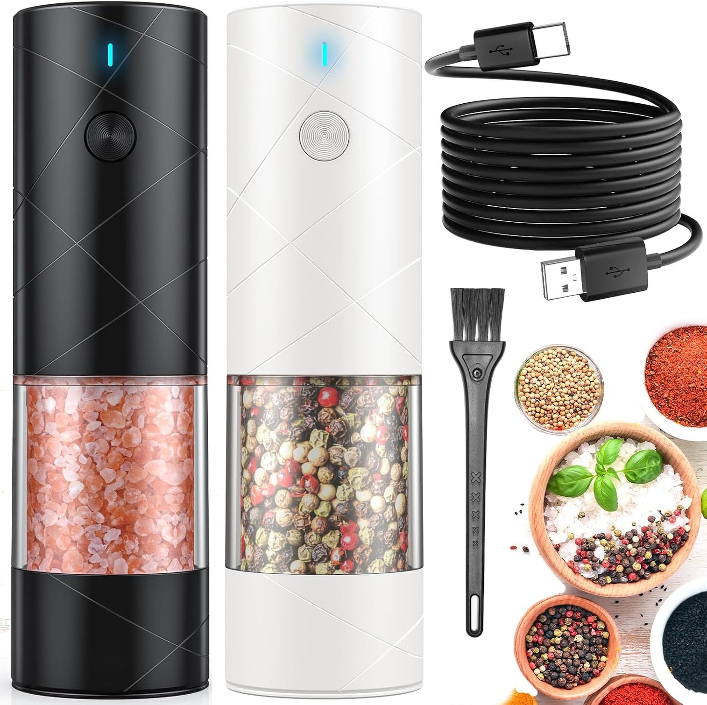 2Pack Electric Salt and Pepper Grinder Set USB Rechargeable with Warm LED Light, Adjustable Coarseness Lidaop Large Capacity Automatic Salt Pepper Mill Shakers for Kitchen, Restaurant, Outdoor, Black