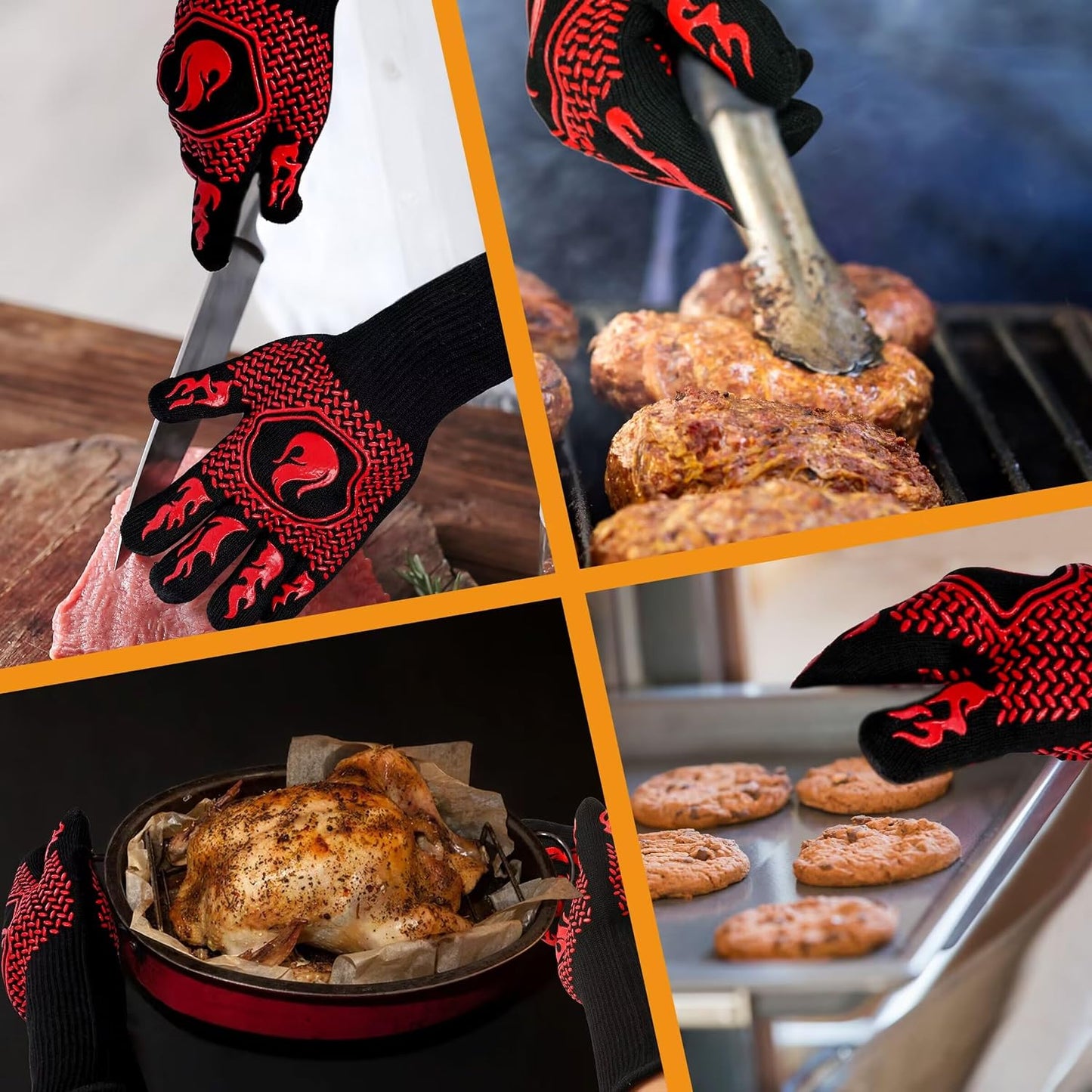 BBQ Gloves 1472F Heat Resistant Non-Slip Silicone 13.8in (Red) | Grill Cut-Resistant, Oven Kitchen Safe for Barbecue, Cooking, Frying, Oven Mitts