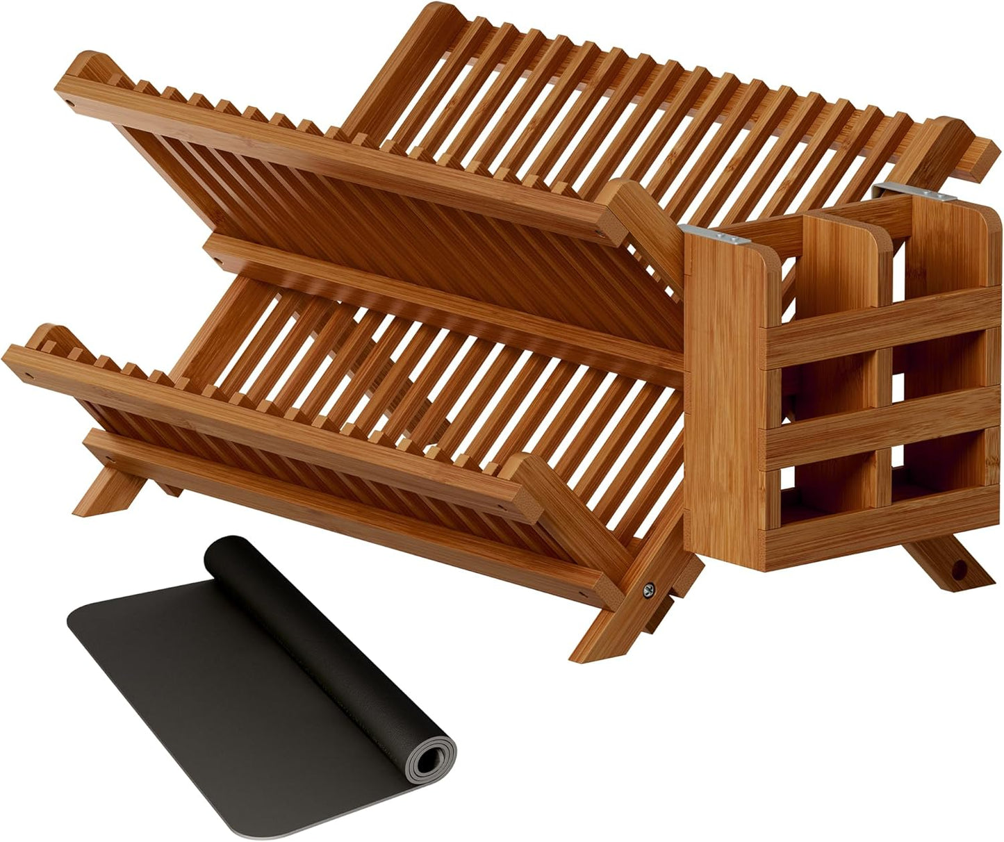Greenual Bamboo Dish Drying Rack with Utensil Holder, 3 Tier Collapsible Dish Rack, Wooden Dish Racks for Kitchen Counter, Large Folding Drying Holder with Absorbent Dish Drying Mat