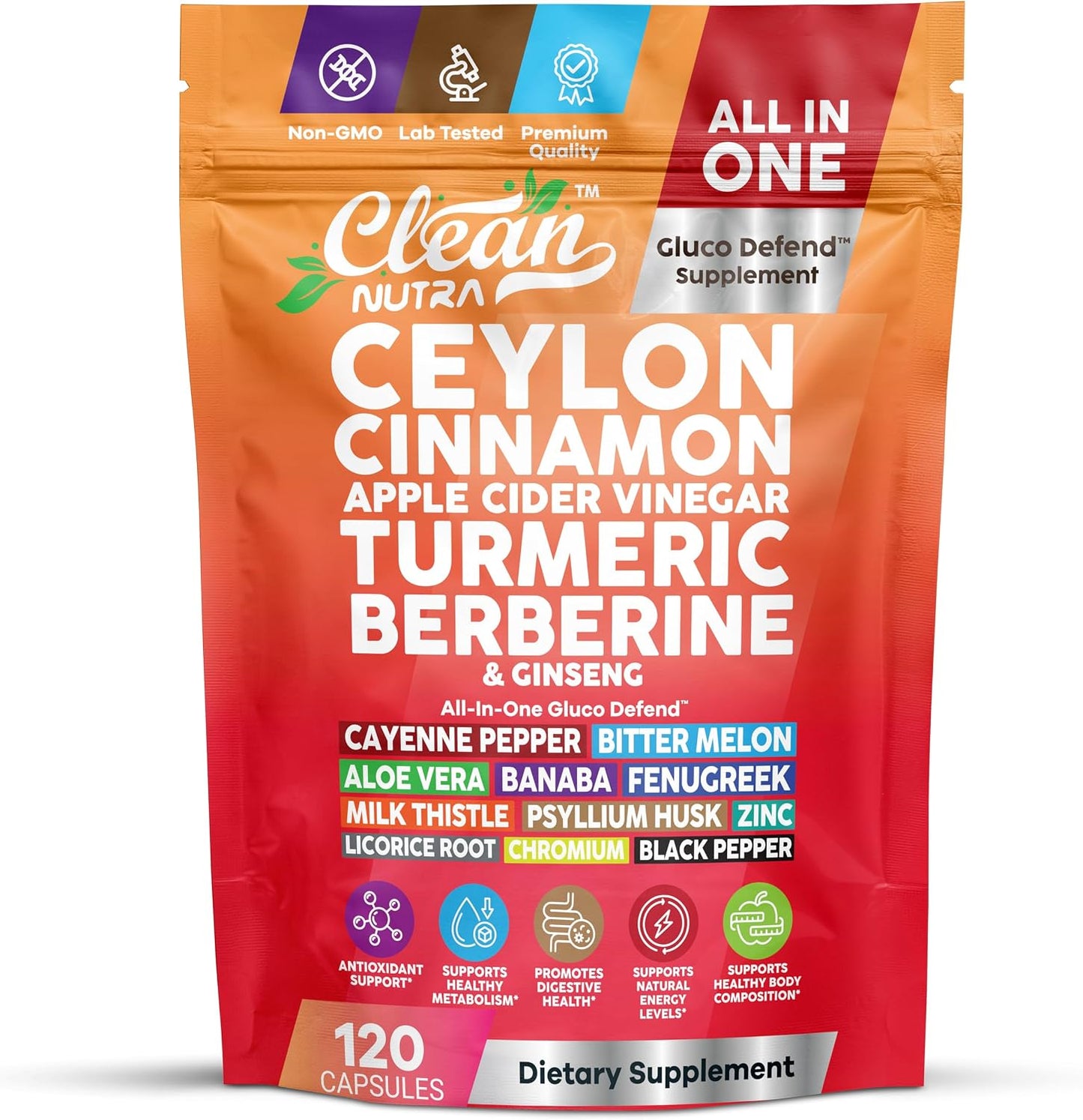 Clean Nutraceuticals Ceylon Cinnamon Capsules with Berberine Turmeric and Apple Cider Vinegar Supplement