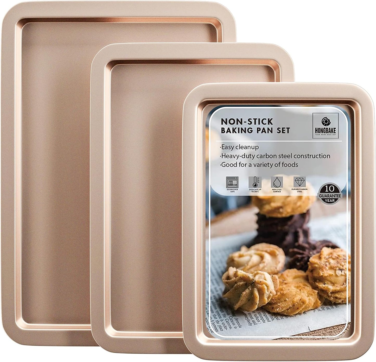 HONGBAKE Ceramic Baking Sheet Pan Set of 3, Easy to Grab, Non-Toxic | Commercial Cookie Sheets for Oven, Nonstick Half/Jelly Roll/Quarter Baking Tray,Wider Gribs, Premium,Easy to Clean- Dark Grey