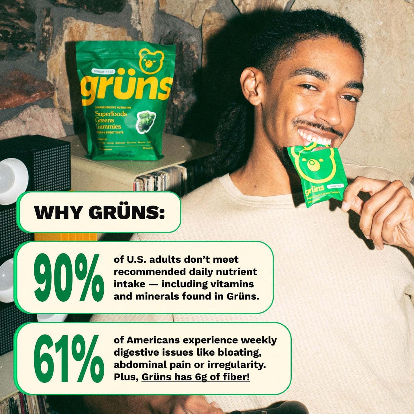 Gruns Adults Super Greens Gummies, Multivitamin Superfood Gummy Bears, Spirulina, Chlorella, Prebiotics & Fiber Gummies for Digestive Health, Adaptogens Supplement, 20 Vitamins & Minerals, 10 Count