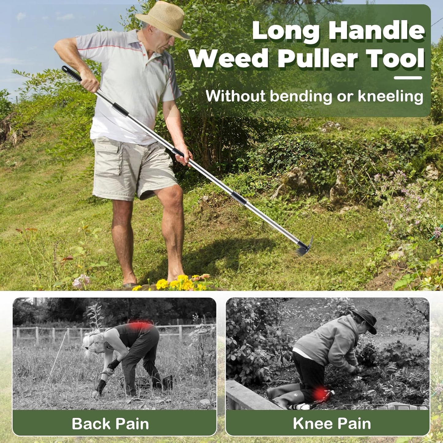 Weed Puller Tool with Long Handle - 60" Manual Weeder Remover Tool, 2 in 1 Hand Weed Rake and Garden Hoe for Gardening, Heavy Duty Uprooting Weeding Pull for Yard, Lawn, Patio and Garden