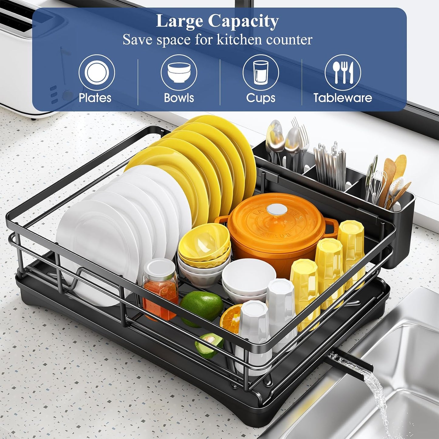 SNTD Dish Drying Rack for Kitchen Counter, 11.8" W x 16.7" L, Black | Rustproof Stainless Steel, Large Capacity, Angled Drainboard for Quick Drainage, Rotating Spout, Removable Utensil Holder