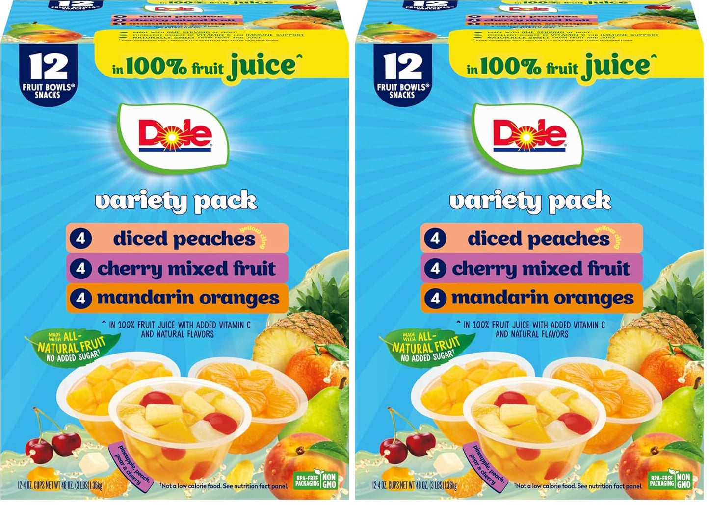 Dole Diced Peaches, Mandarin Oranges, and Cherry Mixed Fruit Variety Pack, 12 Pack, 4 oz Bowls