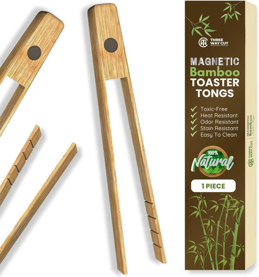 Toaster Tongs With Magnet | Kitchen Utensils For Cooking and Holding Toast Bacon Muffin Bagel Bread | 8 Inch Long Natural Non Toxic Bamboo