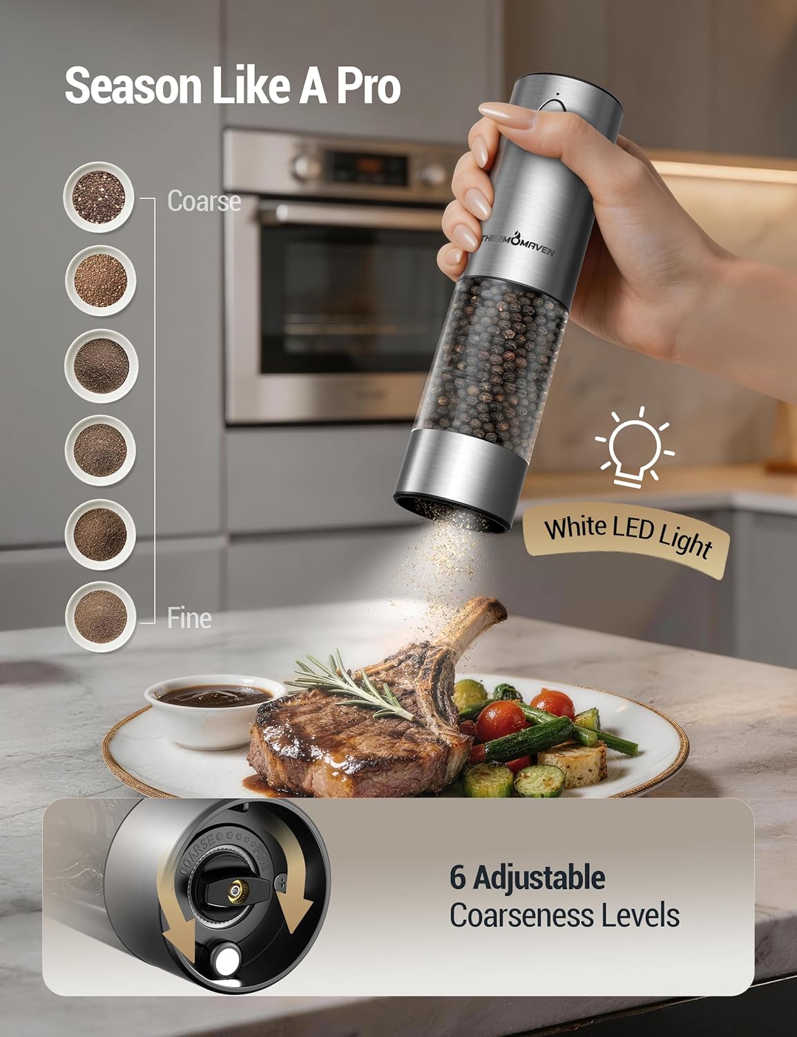 ThermoMaven Upgraded Larger Capacity Electric Salt and Pepper Grinder Set, 110ml Rechargeable Salt and Pepper Shaker with LED Light, Stainless Steel Automatic Pepper Mill with 6 Adjustable Coarseness
