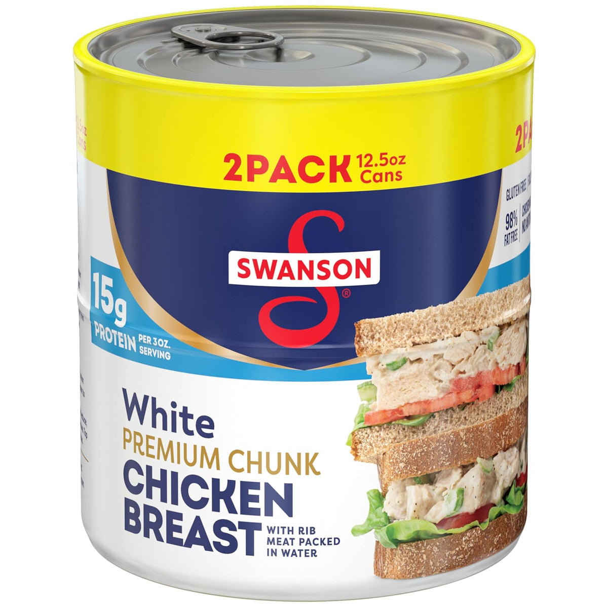 Swanson White Premium Chunk Chicken Breast with Rib Meat in Water, 12.5 oz (Pack of 2) for Salads or Recipes