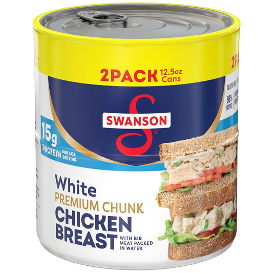 Swanson White Premium Chunk Chicken Breast with Rib Meat in Water, 12.5 oz (Pack of 2) for Salads or Recipes